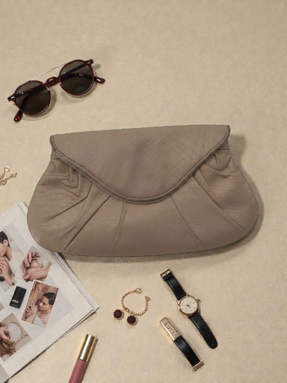 Lauren Merkin "Eve" Pleated Leather Clutch Beige